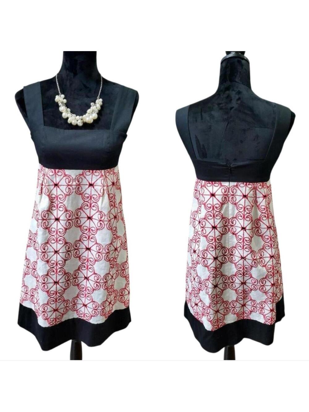 Adrianna Papell Linen Cotton Embroidered Dress Black Red White Retro Mod 6